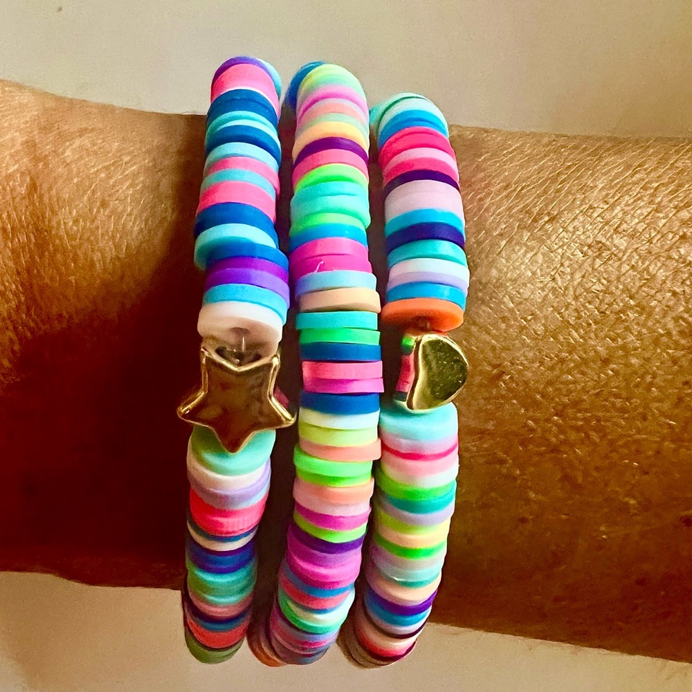 Hand beaded multi color bracelet stack, set of three